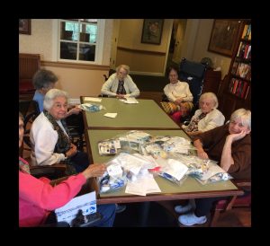 Ladies from Sunrise making Boo-Boo Bags: Helen, Gloria, Cloe, Terry, Mary, Grace and Sandy